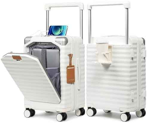 Joyway 20 Inch Carry on Luggage with Front Pocket, PC Hardshell Carry-on Suitcase with USB Port and Cup Holder, 21.5x14.2x9 Airline Approved, Luggage with Spinner Wheels and TSA Lock (White)