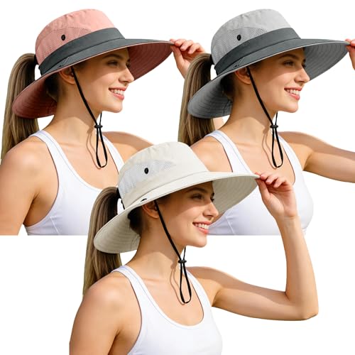 Ponytail Sun Bucket Hats for Women UV Protection Foldable Wide Brim