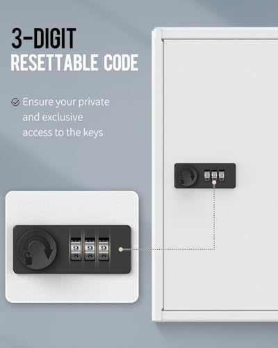 60 Position Slotted Key Cabinet with Combination Lock Resettable White Digital Security Storage Box Steel Key Organizer with Slotted Racks White Key Tag Labels and Permanent Pen