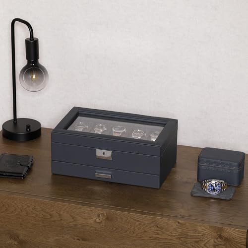 10 Slot Watch Box in Leather with Valet Drawer