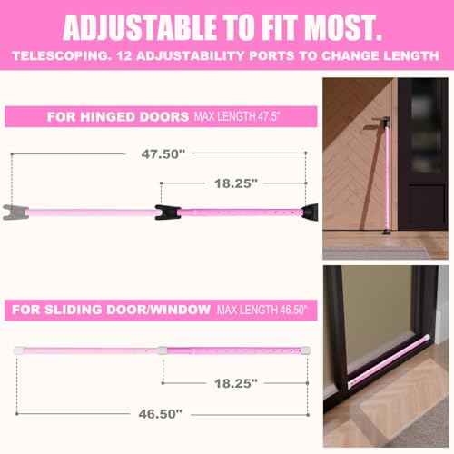 3-in-1 Door Security Bar, Security Door Stoppers & Door Barricade – Heavy Duty Adjustable Iron Security Lock Bar for Home Defense, Apartment & Travel Safety (1 Pack - Pink)