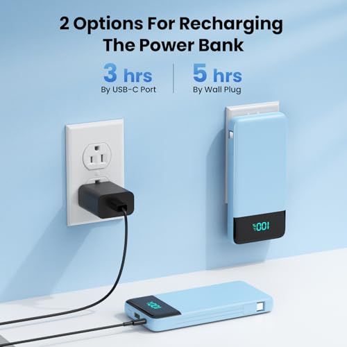 Portable Charger for iPhone with Built in Cables and Wall Plug