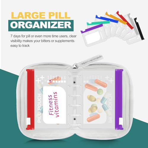 A7 Waterproof Pill Organizer with 7 PCS L Size Zippered Pill Pouches for A7 Binder (7 Count)