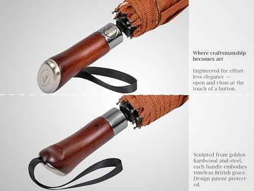 Folding Umbrella Lux Hardwood Handle Herringbone Gold Flame