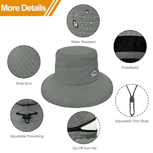 Sun Hats for Women Bucket Hat UV Protection Fishing Hat Wide Brim Safari Hats 2 in 1 Zip