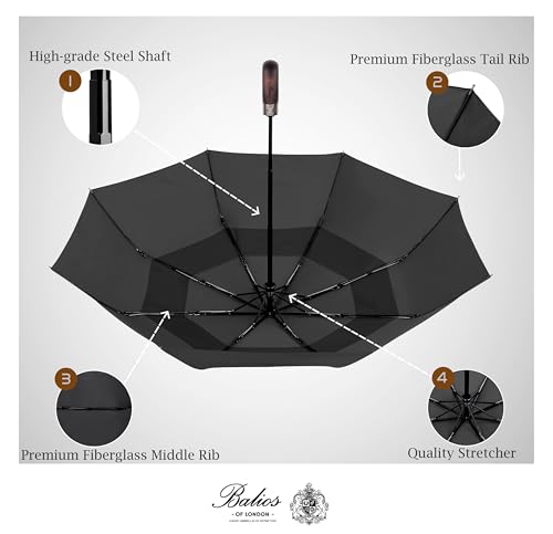 Folding Umbrella Real Wood Handle Auto Open Close Black