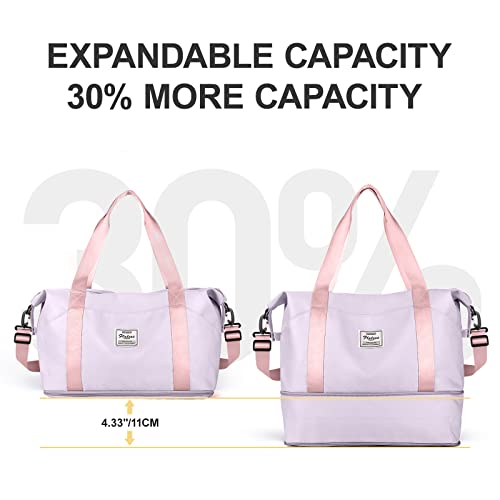 Purple Pink Waterproof Duffel Gym Tote Weekender Carry On Overnight Bag for Women with Trolley Sleeve & Wet Pocket