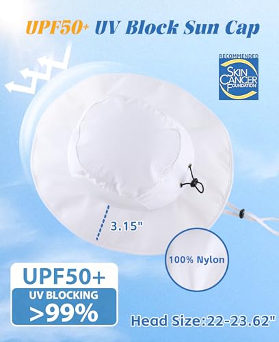 UPF50+ Mens Sun Hat Wide Brim Fishing Hat Airy Mesh UV Protection Portable Bucket Sun Hat White