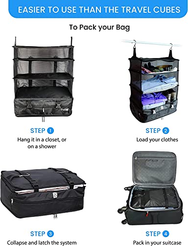 Stow-N-Go Hanging Travel Shelves, Packing Organizer for Luggage. Carry on Closet for Suitcase. Expandable Packing Cube. Travel Essentials. (Black - XL, XL = (L) 17.7" x (W) 11.8")
