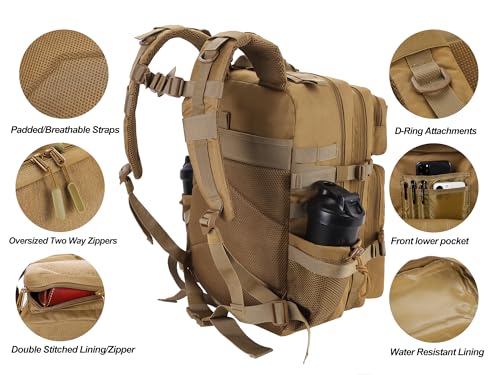 Military Tactical Backpack for Men and Women 45L Army 3 Days Assault Pack Bag Large Rucksack with Molle System Tan