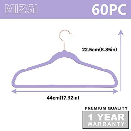 Velvet Hangers 60 Pack Non Slip Light Purple Rose Gold Hooks (60 Count)