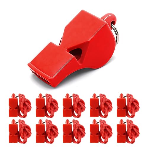 Emergency Whistles with Lanyard 10 Pack Red Safety Whistle for Lifeguard Outdoor Emergency Camping Hiking Boating Loud Signaling Whistles