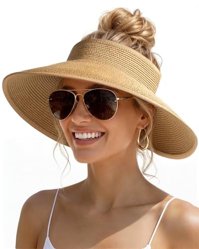 Womens Sun Visor Hats Wide Brim Straw Beach Hat UV Protection Ponytail Packable Beach Vacation Essentials Khaki