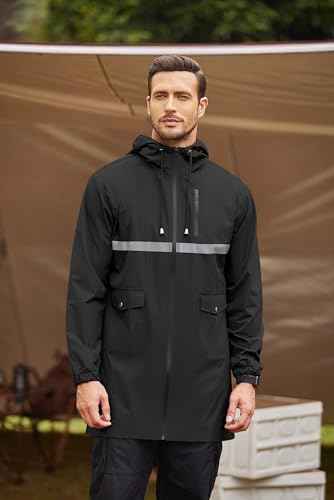 Men's Long Raincoats Lightweight Hooded Rain Jackets Waterproof Packable Outdoor Hiking Reflective Stripe Jacket