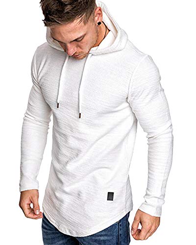 Mens Fashion Athletic Hoodies Sport Sweatshirt Solid Color Fleece Pullover White XL