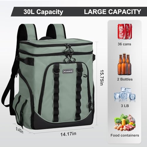 Insulated Cooler Bags for Travel Women 36cans Soft Cooler Backpack 18 Hours Cooling Lunch Backpack for Men Work for Camping Picinic Beach Grayish ArmyGreen 30L