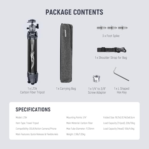 LITETRIP LT34 62" Travel Tripod Carbon Fiber with Removable 360° Panorama Head
