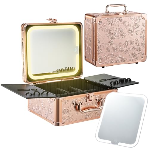 Makeup Case with Magnetic Lighted Mirror Cosmetic Train Box Detachable LED Mirror Adjustable Brightness in 3 Colors Waterproof Storage Organizer Artist Suitcase with Dividers Brush Holder