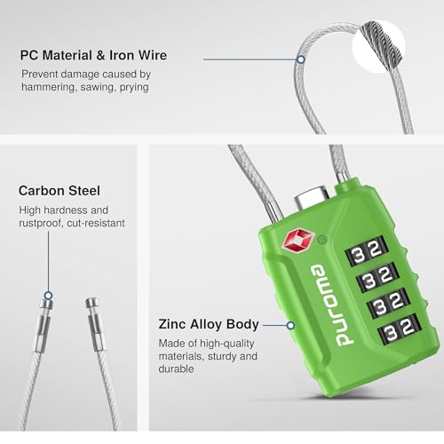 2 TSA Approved Luggage Locks 4 Digit Code Cable Lock Basic Green (2 Count)