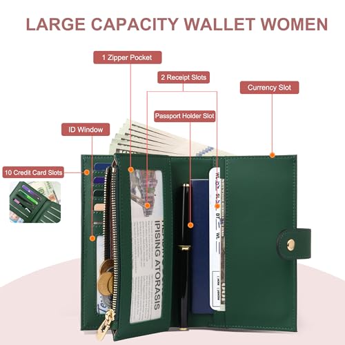 Womens Wallet RFID Blocking Leather Trifold Clutch Wallet Credit Card Holder Ladies Travel Wallet Purse with Passport