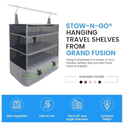 Stow-N-Go Hanging Travel Shelves, Packing Organizer for Luggage. Carry on Closet for Suitcase. Expandable Packing Cube. Travel Essentials. (Light Gray - XL, XL = (L) 17.7" x (W) 11.8")