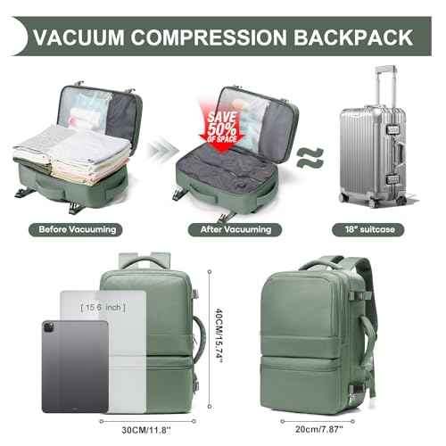 Vacuum Backpack Travel with Integrated Pump Vacuum Travel Backpack Carry On Flight Approved Frontier Spirit Airlines Personal Item Bag 18x14x8 Compression Carry On Luggage for Women Men Green