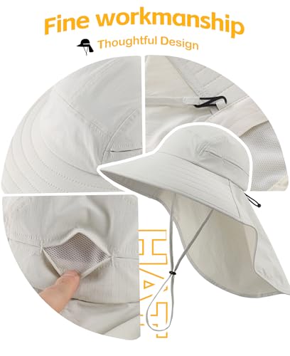 UPF 80+ Sun Hat for Men Women Wide Brim Sun Hat with Neck Flap Summer Safari UV Protection Gardening Fishing Hat Light Grey