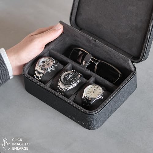 Watch Case 3 Slot Genuine Top Grain Leather Watch Box for Men & Women with Extra Wide Pillows for Large Watches and Compartment for Accessory Storage