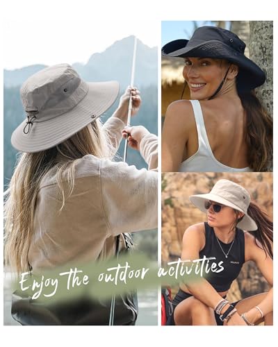 Womens Sun Hat with Ponytail Hole Beach Hiking Summer Wide Brim UPF 50+ Outdoor Protection Foldable Bucket Hat Light Grey