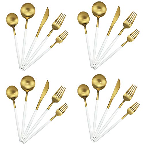 20-Piece 18/10 Stainless Steel Flatware Silverware, Luxury Dinnerware Set Travel Cutlery Tableware Include Knife Fork Spoon Service for 4, Dishwasher Safe (White Handle Matte Gold) (4 Count)
