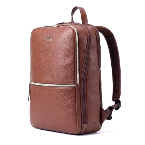 Leather Laptop Backpack for Men with Trolley Strap 16L Slim