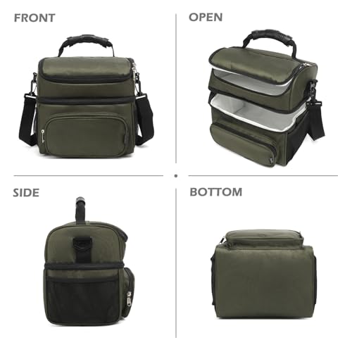 Double Layer Cooler Insulated Lunch Bag Adult Lunch Box Large Tote Bag for Men (Army Green)