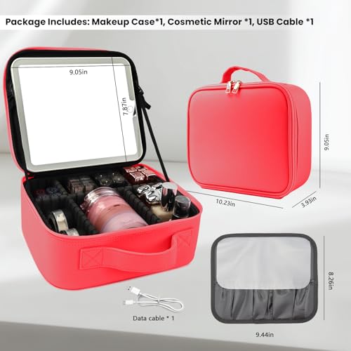Travel Makeup Bag with LED Mirror and Light Makeup Travel Bag Organizer Portable Cosmetic Brush Organizer Bag with Adjustable Dividers for Cosmetics Makeup Brushes Toiletry