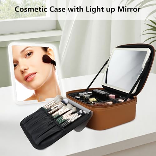 Travel Makeup Bag with LED Mirror Travel Makeup Organizer with 3 Lighted Settings