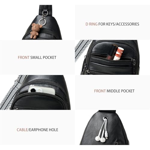 Sling Bag for Women Cross Body Bags Fanny Packs Over the Shoulder Bag Sling Backpack Vegan Leather Trendy Gifts Travel Handbag Black