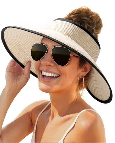 Womens Sun Hat with Ponytail Hole Wide Brim Beach Straw Visor