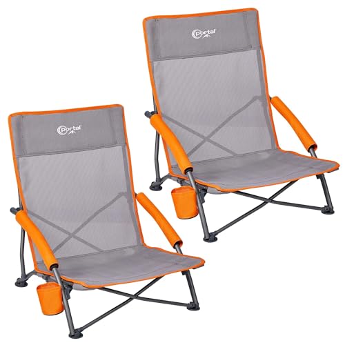 Beach Chairs for Adults 2 Pack High Back Low Folding Camping Chair Portable Lightweight with Cup Holder for Travel (2 Count)