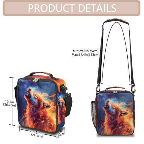 Wolf Fire Kids Lunch Box for Girls Boys Reusable Insulated Lunch Bag for Kids Toddler Thermal Cooler Spacious Lunchbox with Shoulder Strap Lunchbag for School Work Picnic (print 8)