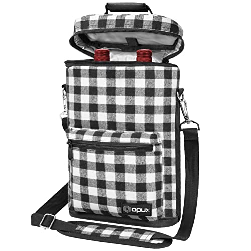 Insulated 2 Bottle Wine Bag Tote Leakproof Carrier Cooler Plaid White