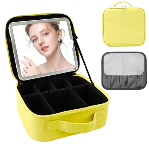 Travel Makeup Bag with LED Mirror and Light Travel Makeup Case Cosmetic Organizer Portable Cosmetic Brush Organizer Bag with Adjustable Dividers for Cosmetics Makeup Brushes Toiletry
