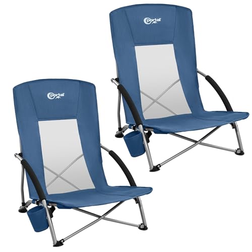 Beach Chairs for Adults 2 Pack High Back Low Folding Camping Chair Portable Lightweight with Cup Holder for Travel (2 Count)