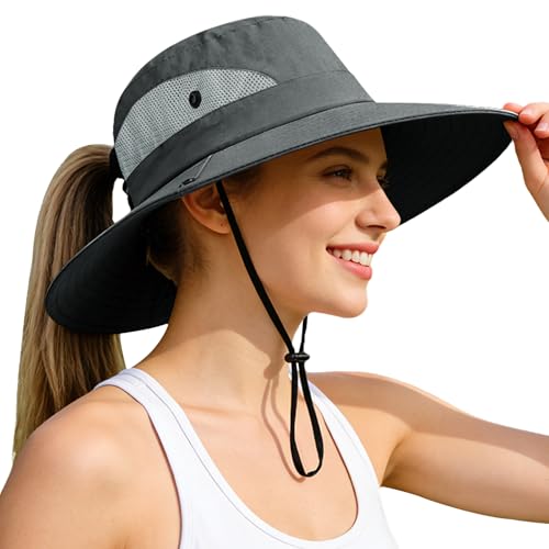 Ponytail Sun Bucket Hats for Women UV Protection Foldable Wide Brim