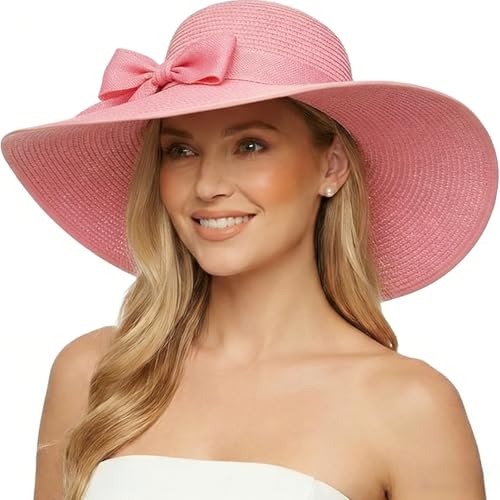 Womens Bowknot Straw Hat Large Foldable Beach Sun Hat Roll up UPF 50+