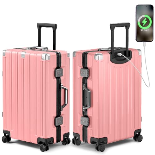 Checked Aluminum Frame Suitcase 24 Inch Zipperless Luggages Hardside PC Luggage With Spinner Wheels TSA Lock USB Charger Suitcases