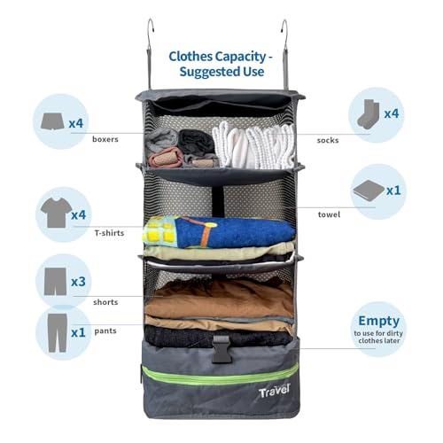Stow-N-Go Hanging Travel Shelves, Packing Organizer for Luggage. Carry on Closet for Suitcase. Expandable Packing Cube. Travel Essentials. (Dark Gray - L, L = (L) 11.8" x (W) 11.8")