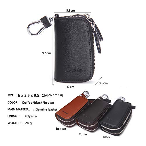Genuine Leather Car Key Keychain Holder Metal Hook and Keyring Zipper
