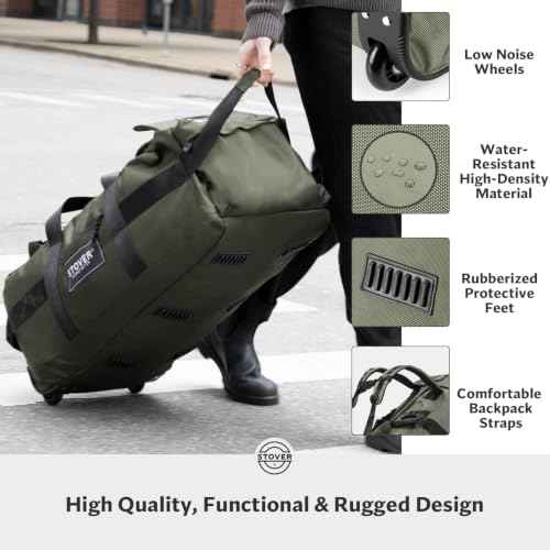 45/80/100L Rolling Duffel Bag with Wheels, Large Durable Travel Duffle + Toiletry Bag, Heavy Duty, Packable, Foldable with Shoulder Straps- Use as Luggage or Backpack, Men/Women (Green)