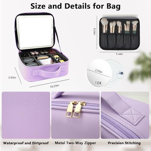 Travel Makeup Bag with LED Mirror and 10x magnifying glass with 3 Lighted Settings