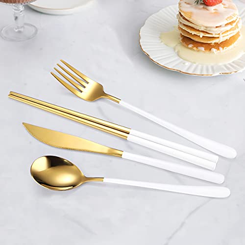 6 Pieces 18 8 Stainless Steel Flatware Set Portable Reusable Cutlery Set Travel Utensils Set Including Chopsticks Knife Fork Spoon Straws Cleaning Brush Dishwasher Safe (6 Count)