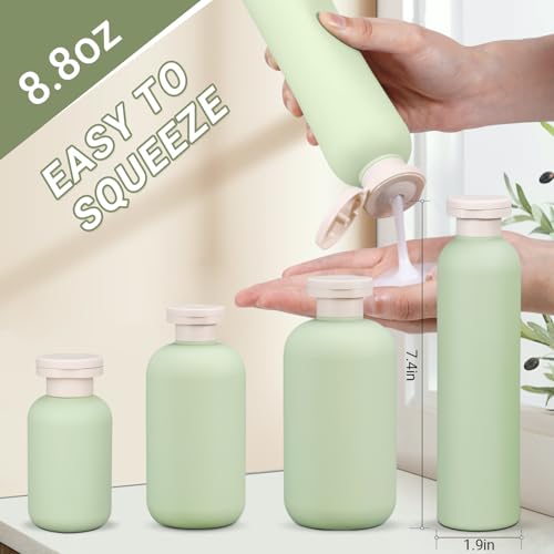 8.8oz 4Pcs Green Plastic Refillable Travel Shampoo and Conditioner Bottles Plastic Refillable Travel Shampoo Bottles with Flip Cap Shampoo and Conditioner Dispenser (4 Count)